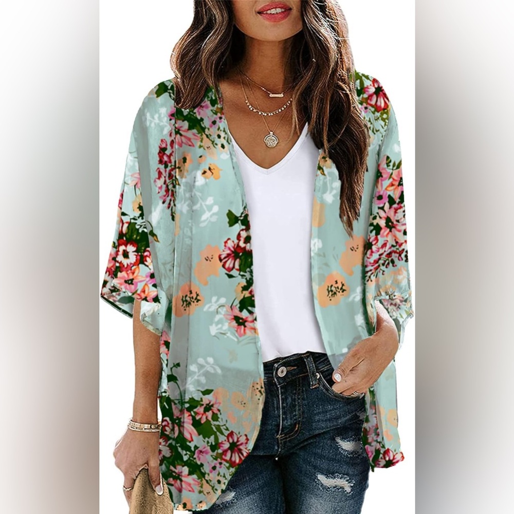 Floral Print Chiffon Kimono Cardigan Short Sleeve Loose Beach Cover Up NWT Small